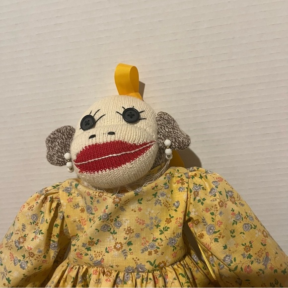 Vintage Handmade Female Girl Sock Monkey Doll With Yellow Dress And Earrings - Picture 3 of 8